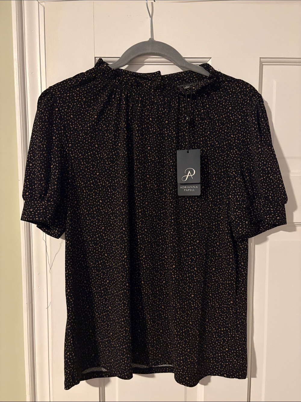 Adrianna Papell Black Short-Sleeve Dot-Print Top